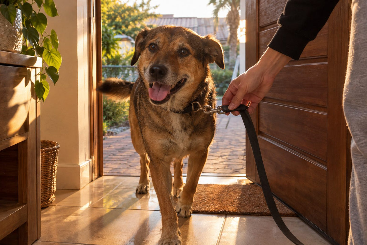 A dog arriving home from a walk as its lead comes off