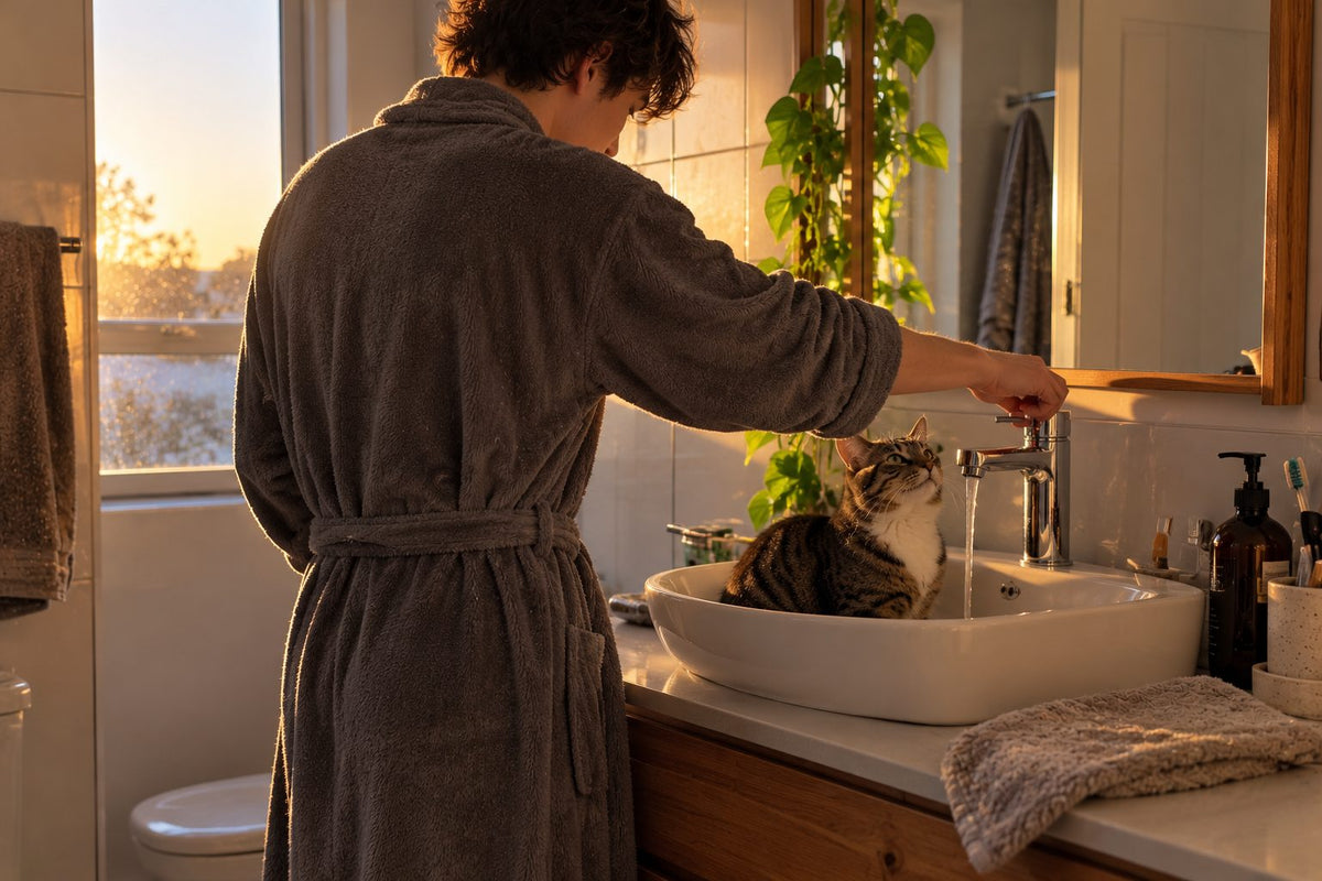 A sleepy owner turning on the bathroom tap for a waiting cat at dawn