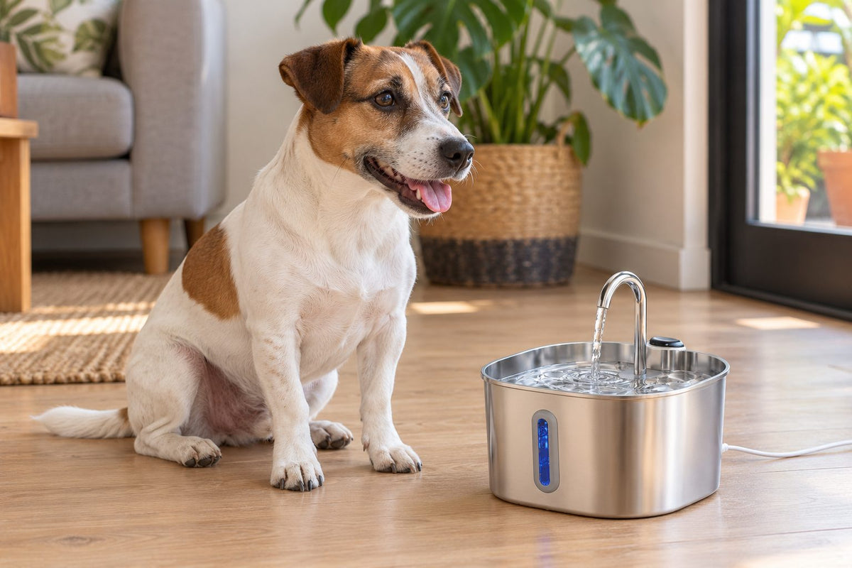 The WoofWell Pure Fountain beside a small-to-medium dog