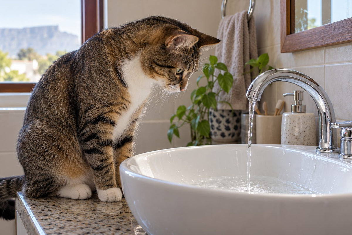 A cat watching water fall from a tap