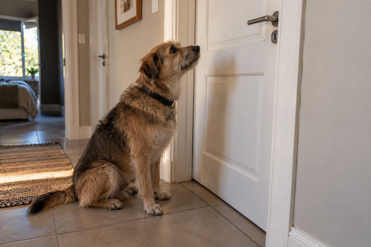 A dog sitting hopefully outside a closed bathroom door