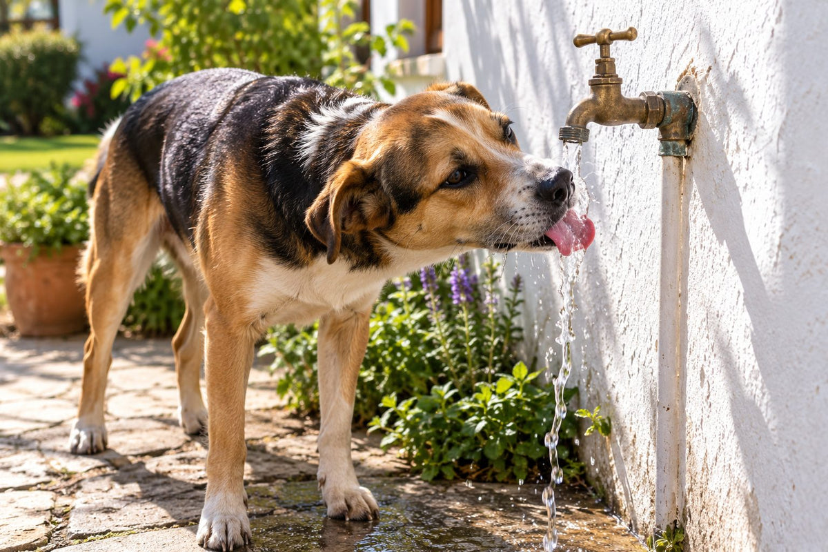 A dog drinking from a running garden tap