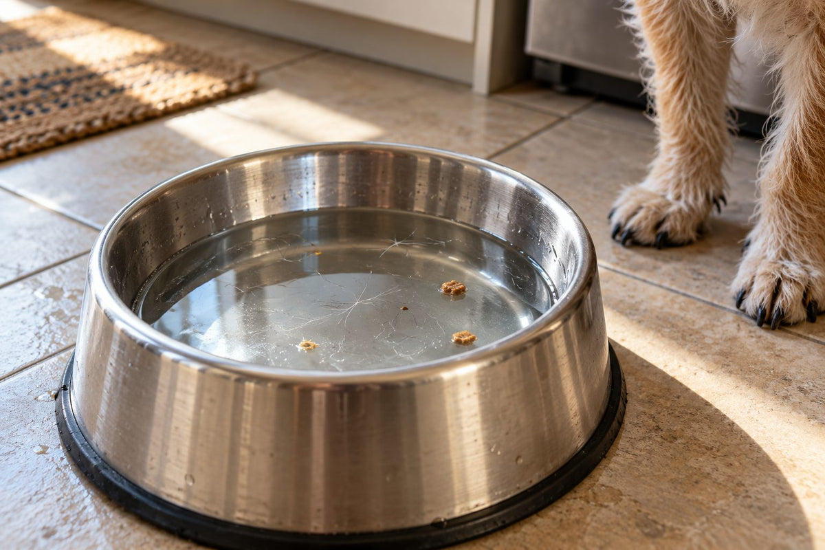 A dog's water bowl with a few hairs and crumbs in it
