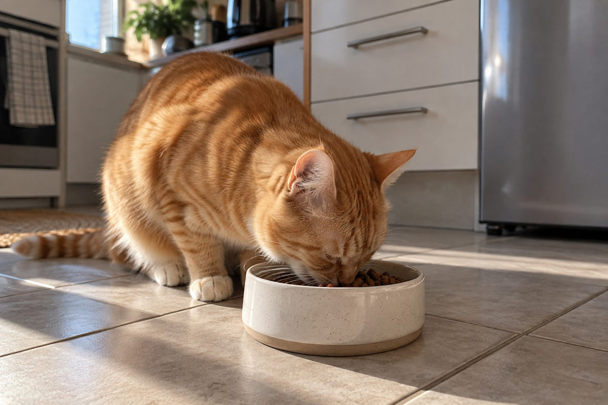 A ginger cat eating dry food from a bowl on the kitchen floor