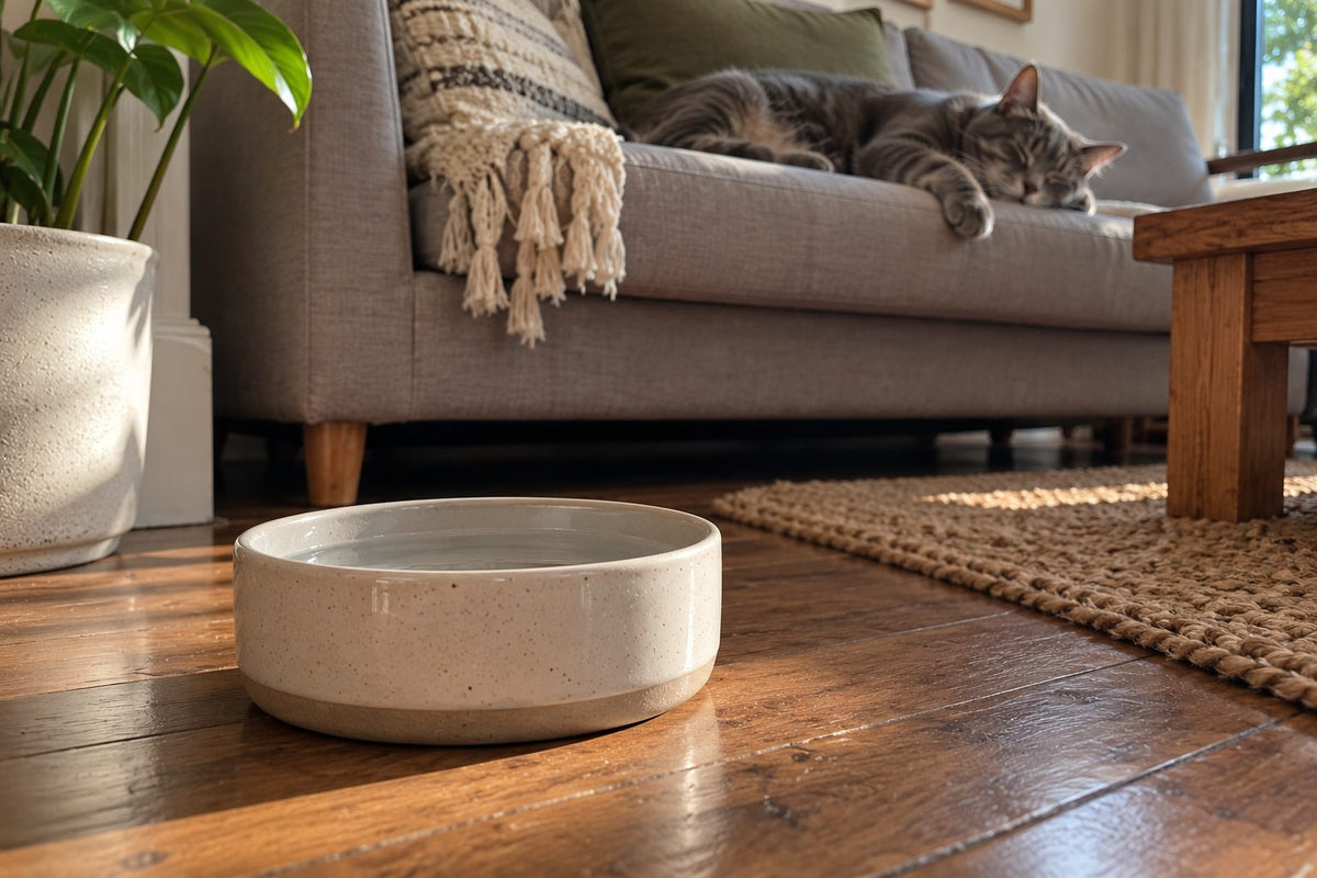 A full water bowl on the floor while a cat sleeps on the couch behind it