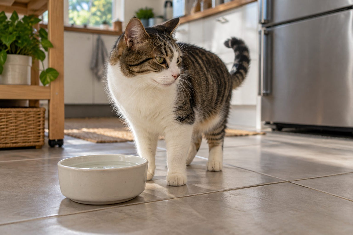 A cat sniffing its water bowl and turning away