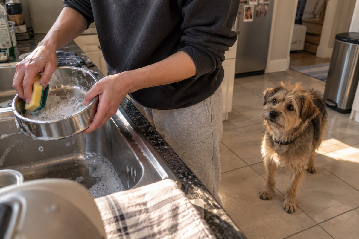 Washing a dog's water bowl at the kitchen sink