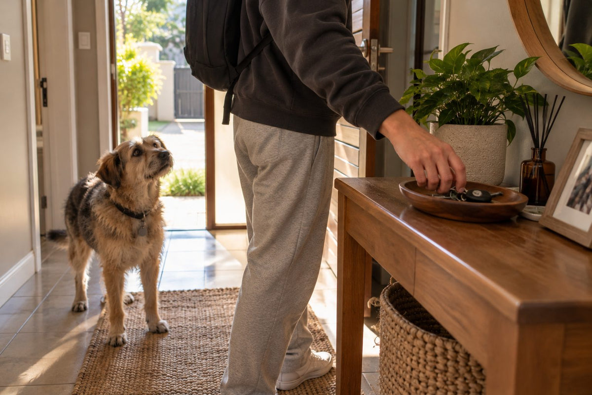An owner about to leave home while their dog watches