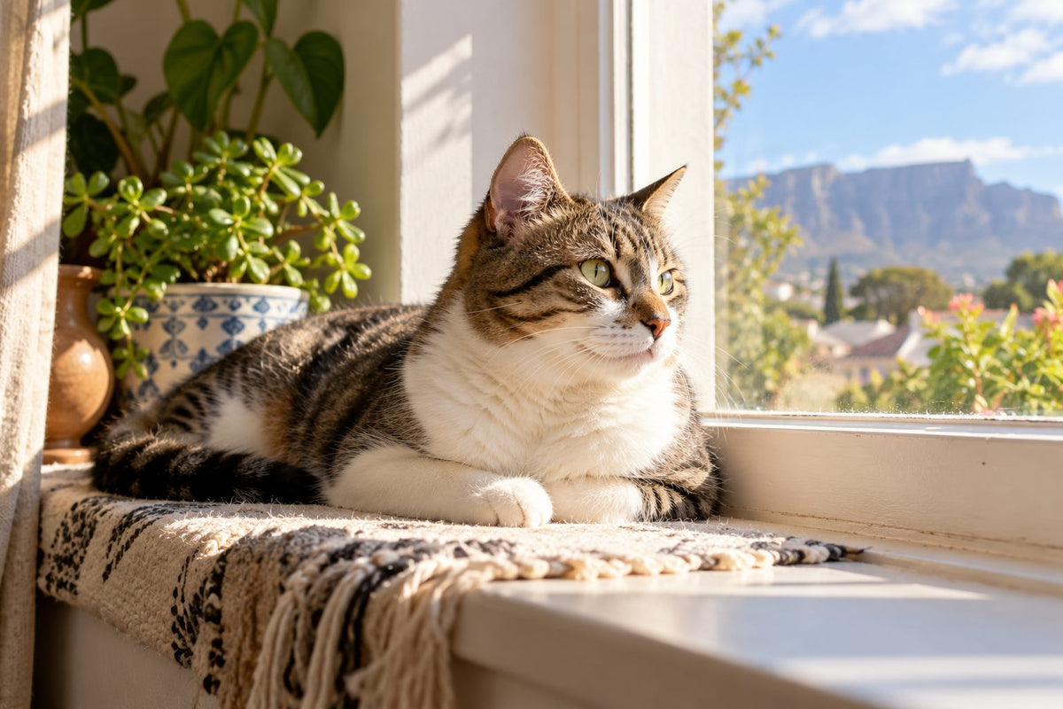 A calm cat resting on a sunny windowsill