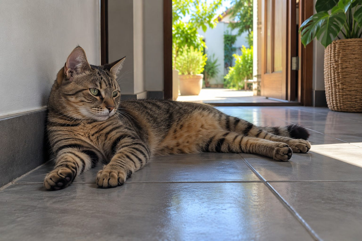 A cat lying on cool tiles in a shady passage on a hot day