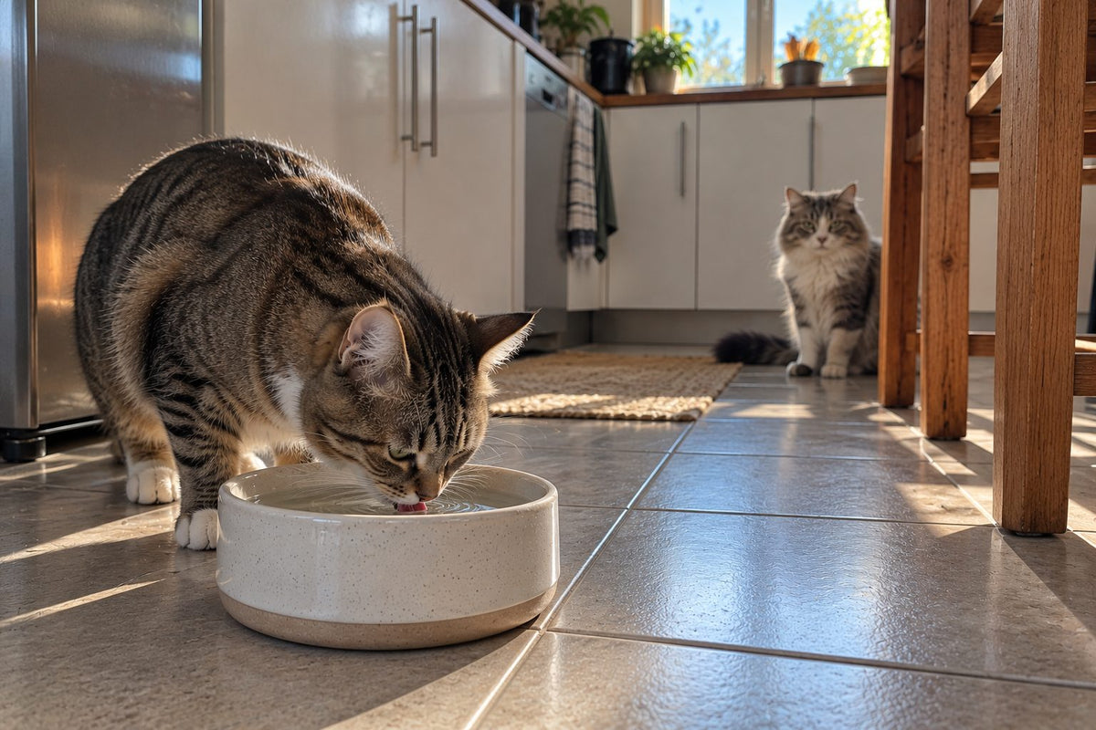 One cat drinking while a second cat waits a few metres away