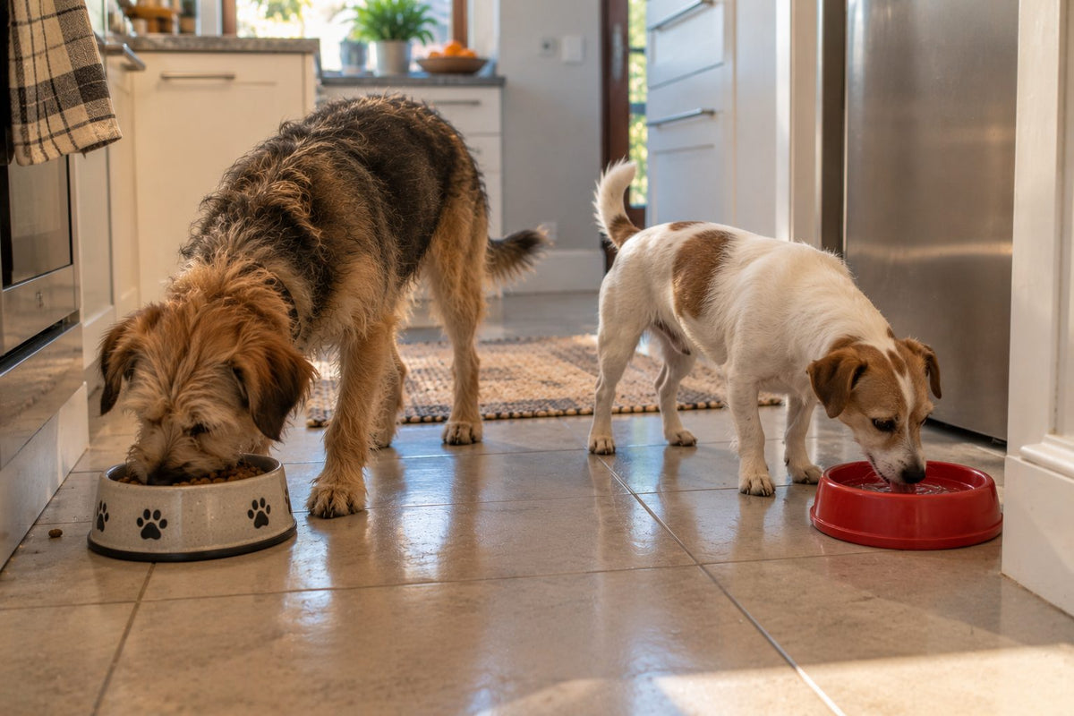 Two dogs at mealtime, one eating and one drinking
