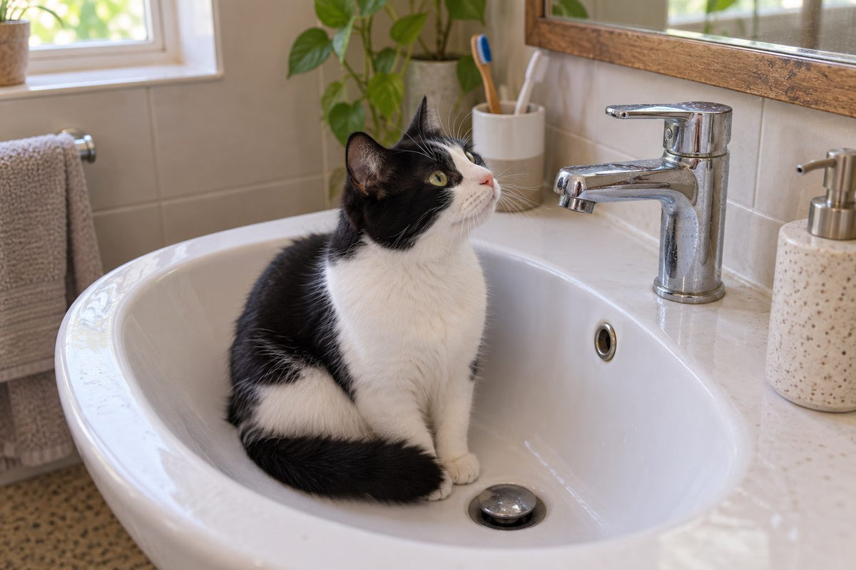 A cat sitting in a bathroom basin, looking up at the tap